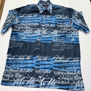 FUBU Y2K Button Up Shirt Mens Large Blue All Over Script Hip Hop Streetwear